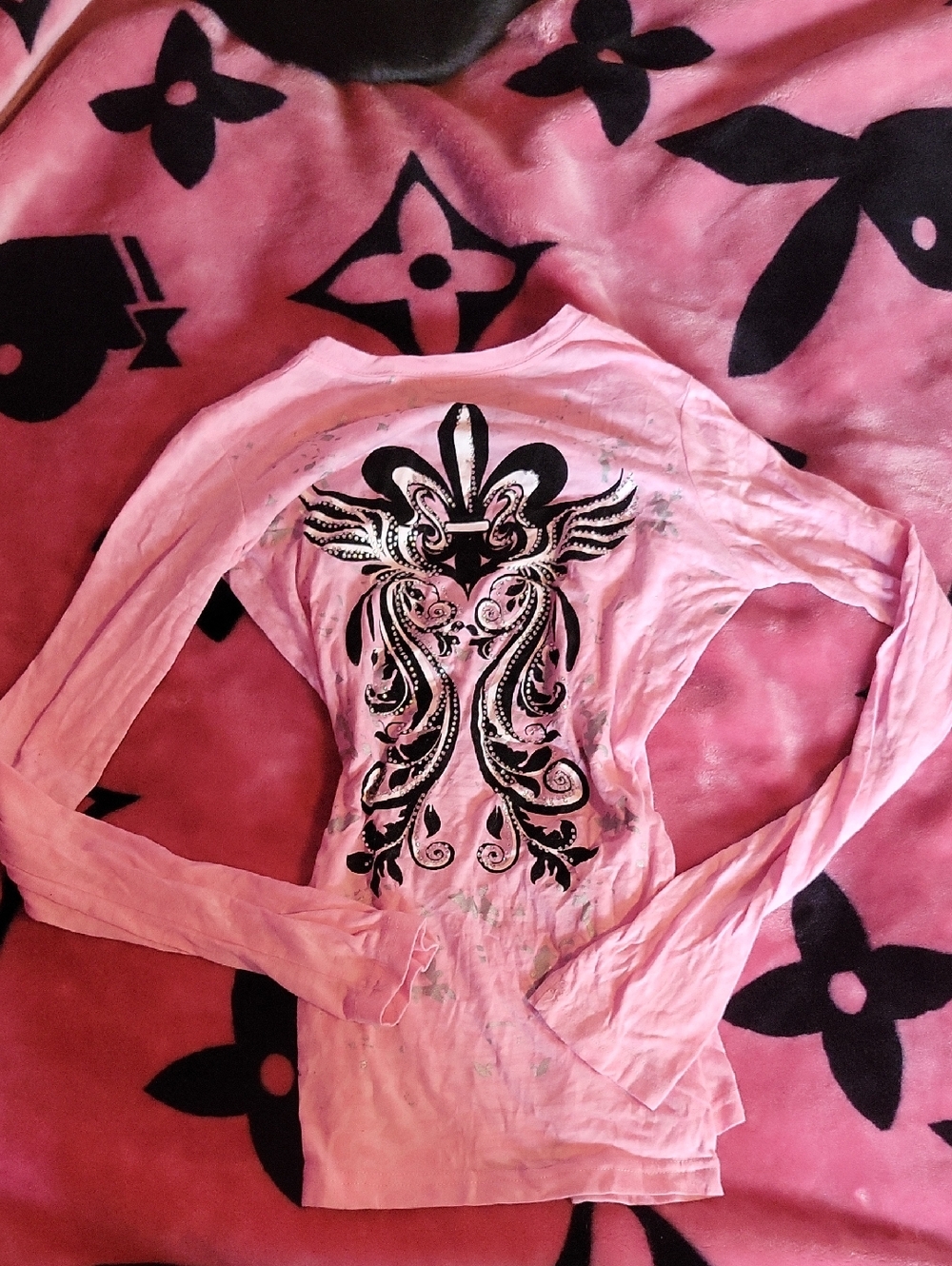 Pink Long Sleeve Rhinestone Top With Black Fleur-de-Lis Design
